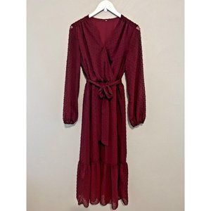 Women's Boho Swiss Dot 'Wine Color' Maxi Dresses Wrap V Neck Long Sleeve Sz M